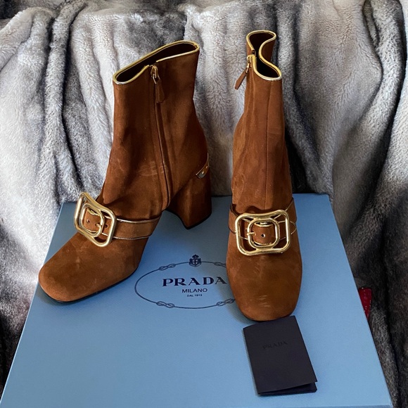 Prada Brown Suede Gold Hardware Booties New! - Picture 10 of 16